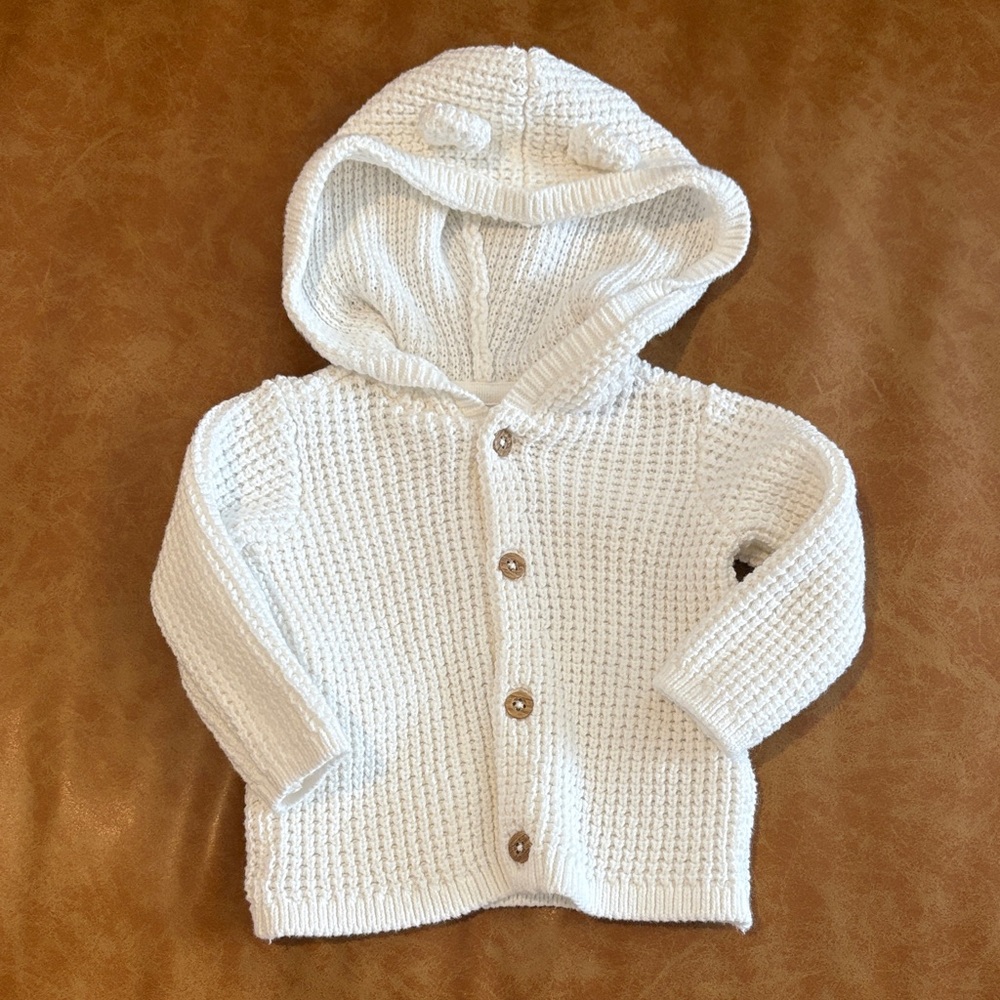 Carter’s Cozy White Knit Baby Hoodie - Knitted with Ears - Size 3 month